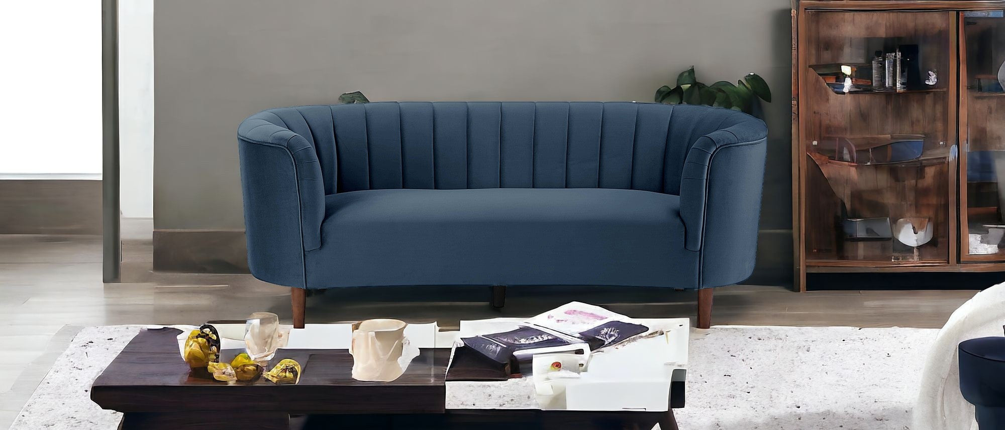 81" Dark Blue Velvet Barrel Back Sofa