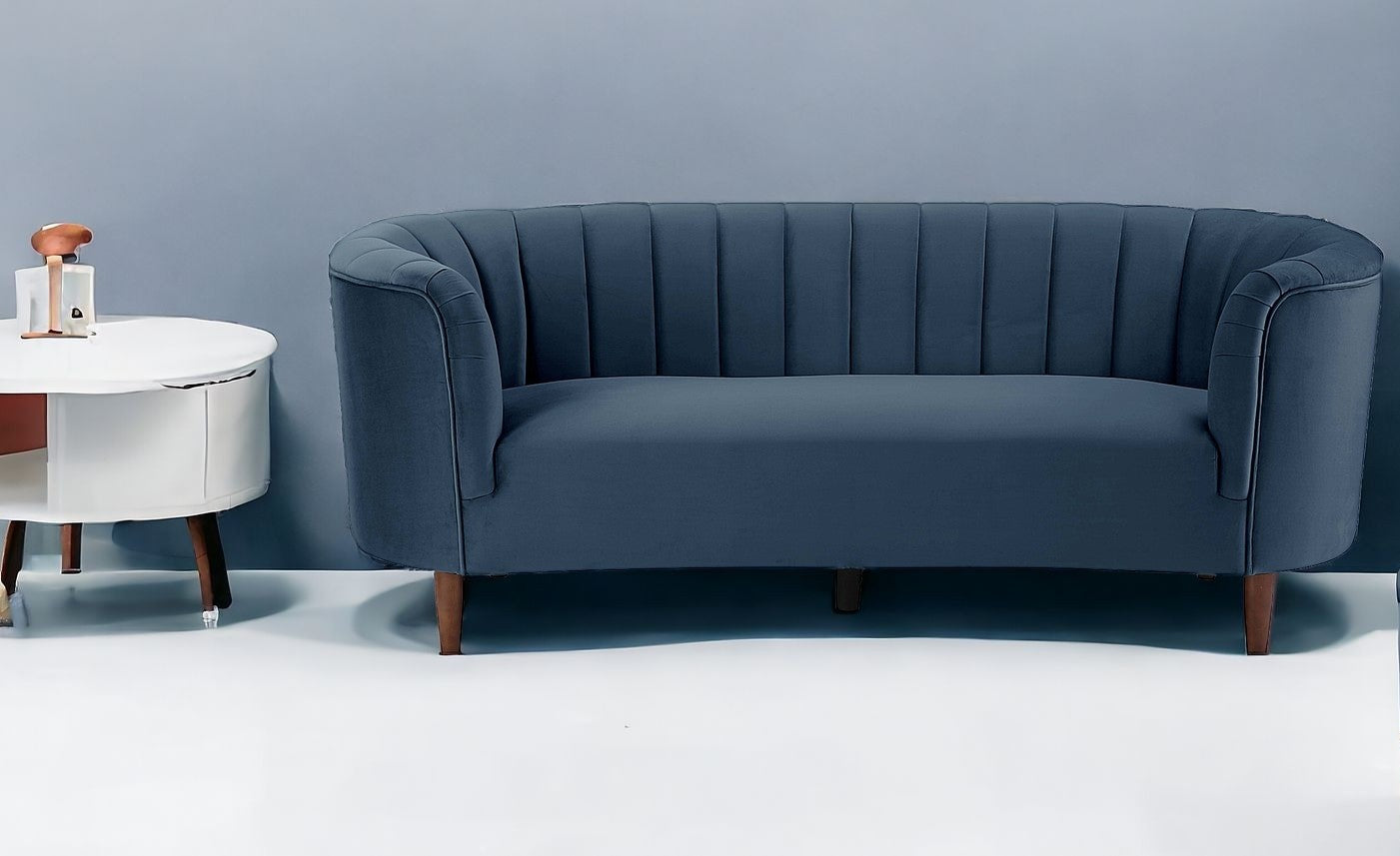 81" Dark Blue Velvet Barrel Back Sofa