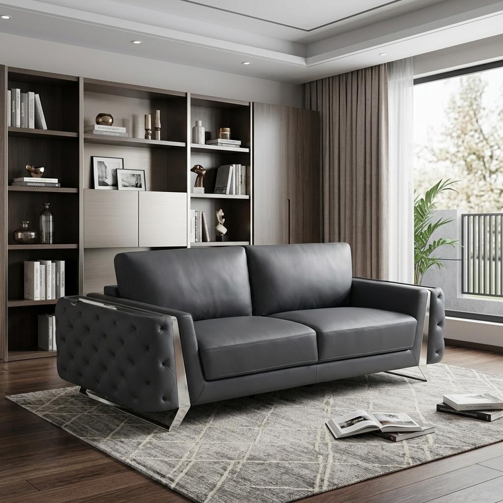 90" Leather Diamond Tufted Sofa
