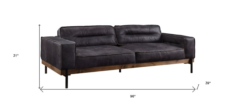 96" Black Top Grain Leather Track Arm Sofa