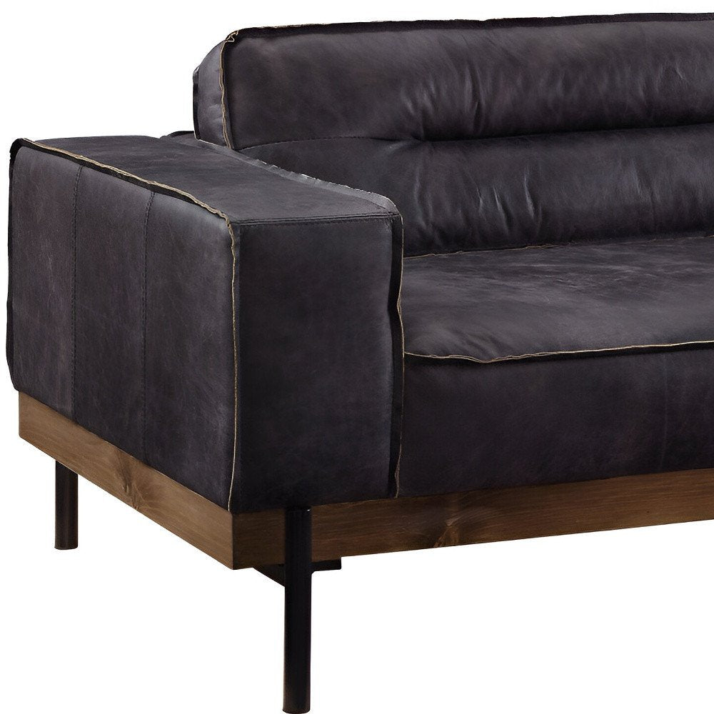 96" Black Top Grain Leather Track Arm Sofa