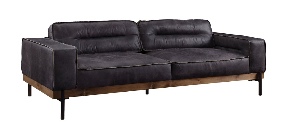 96" Black Top Grain Leather Track Arm Sofa