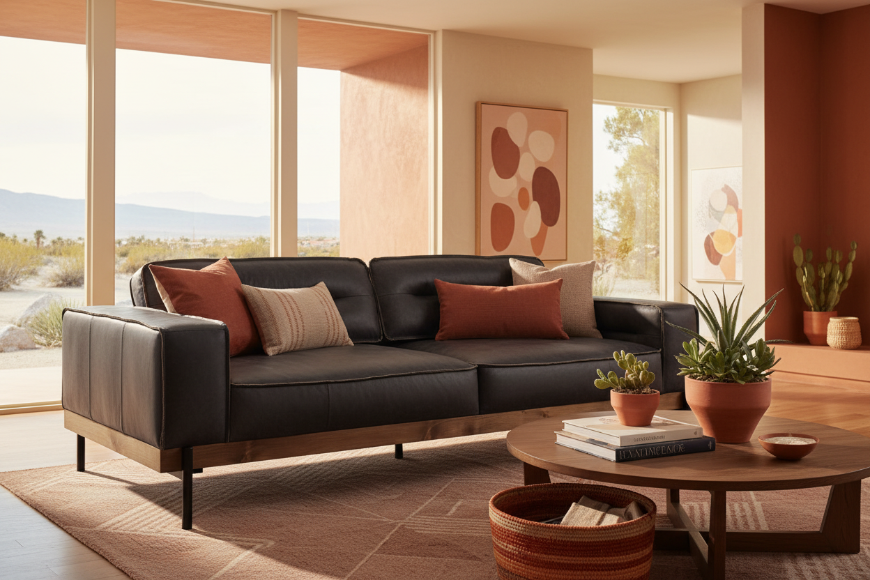 96" Black Top Grain Leather Track Arm Sofa