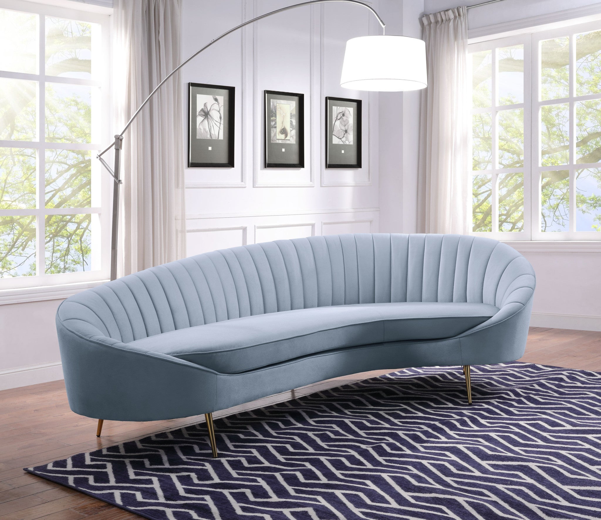 103" Light Gray Velvet and Gold Modern Curved Sofa