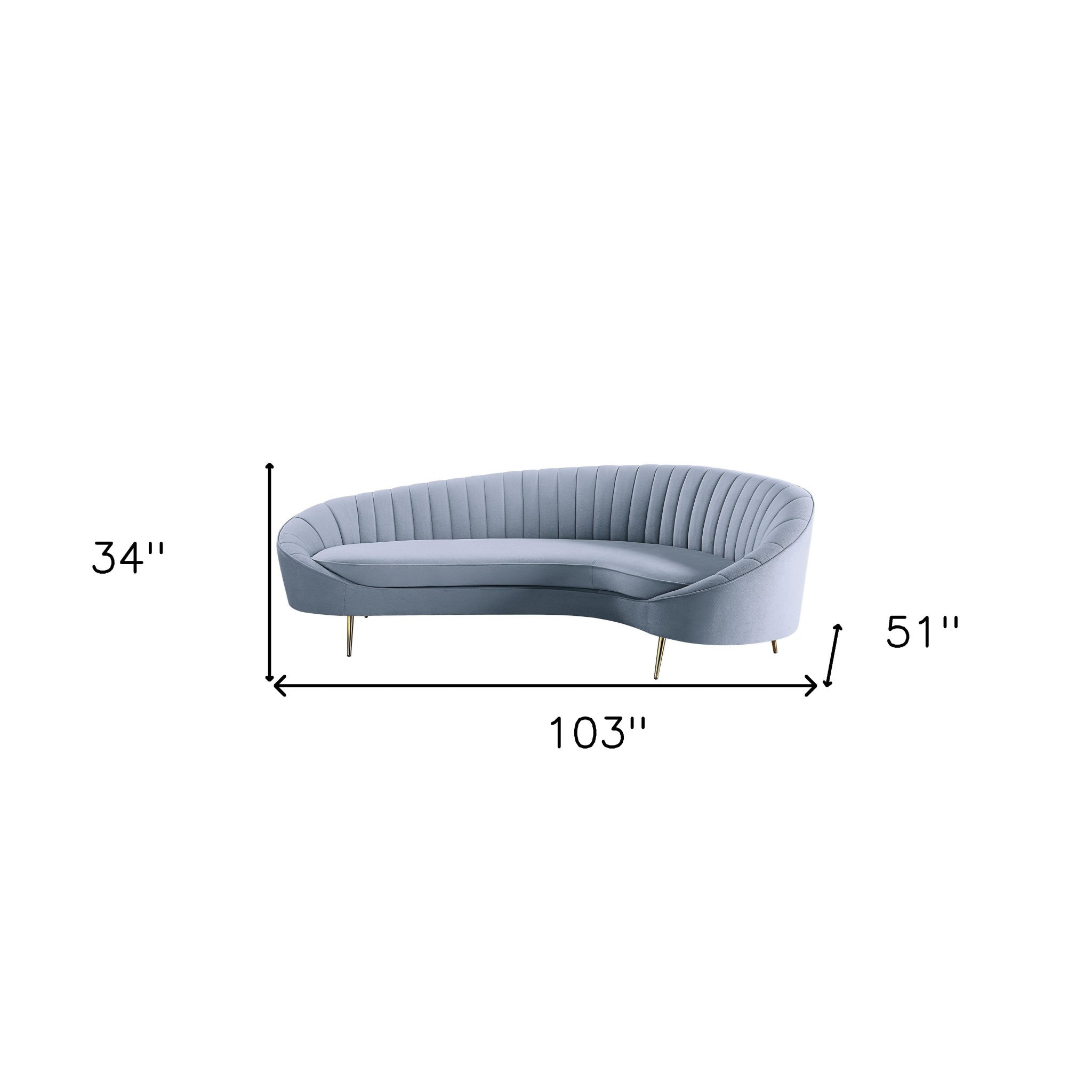 103" Light Gray Velvet and Gold Modern Curved Sofa