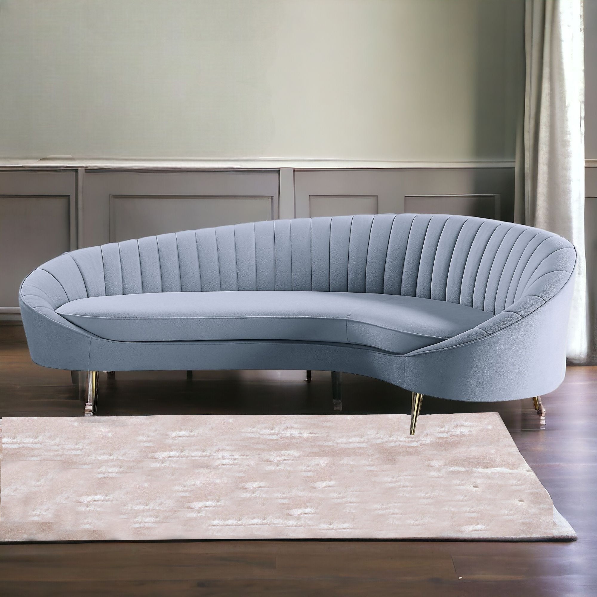 103" Light Gray Velvet and Gold Modern Curved Sofa