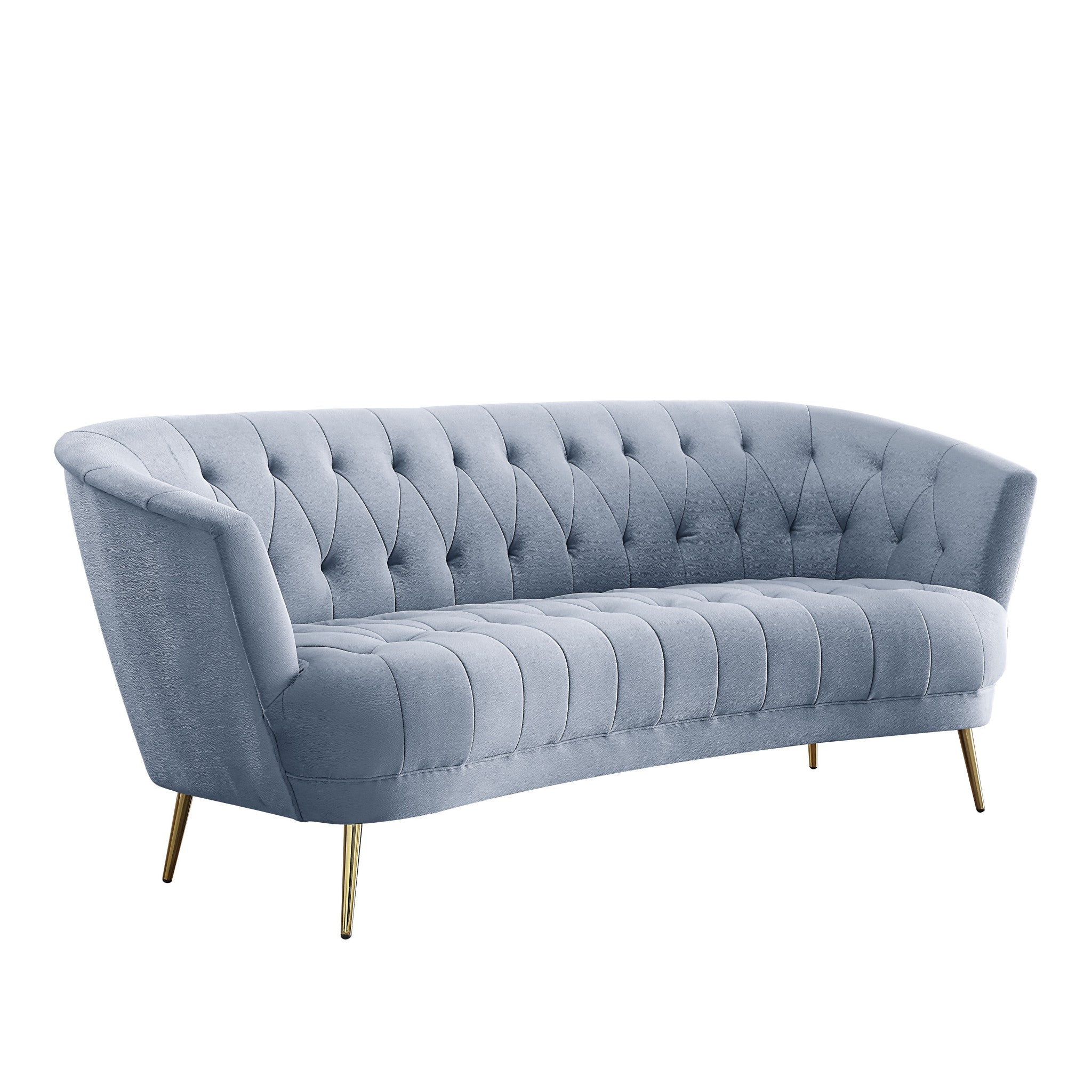 84" Curved Light Gray Velvet and Gold Sofa