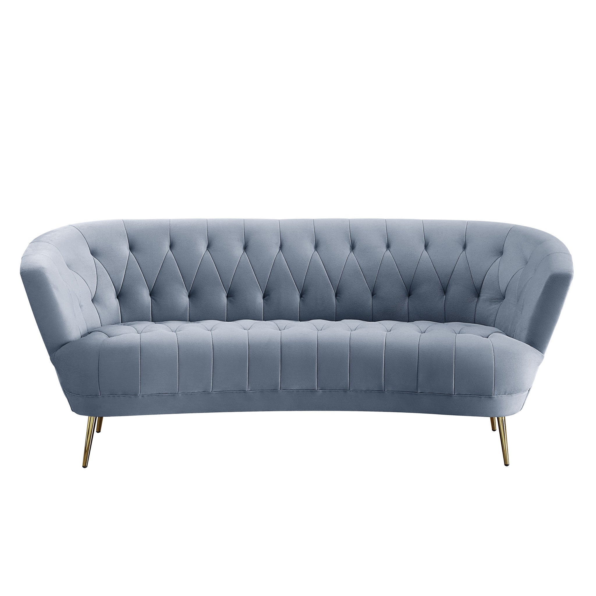 84" Curved Light Gray Velvet and Gold Sofa