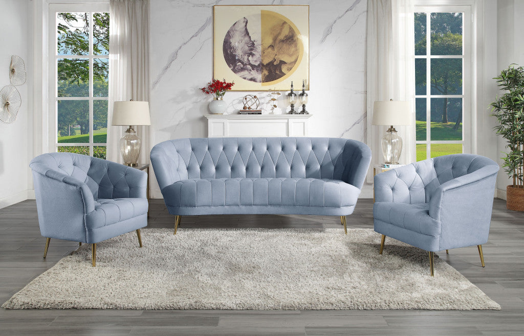 84" Curved Light Gray Velvet and Gold Sofa