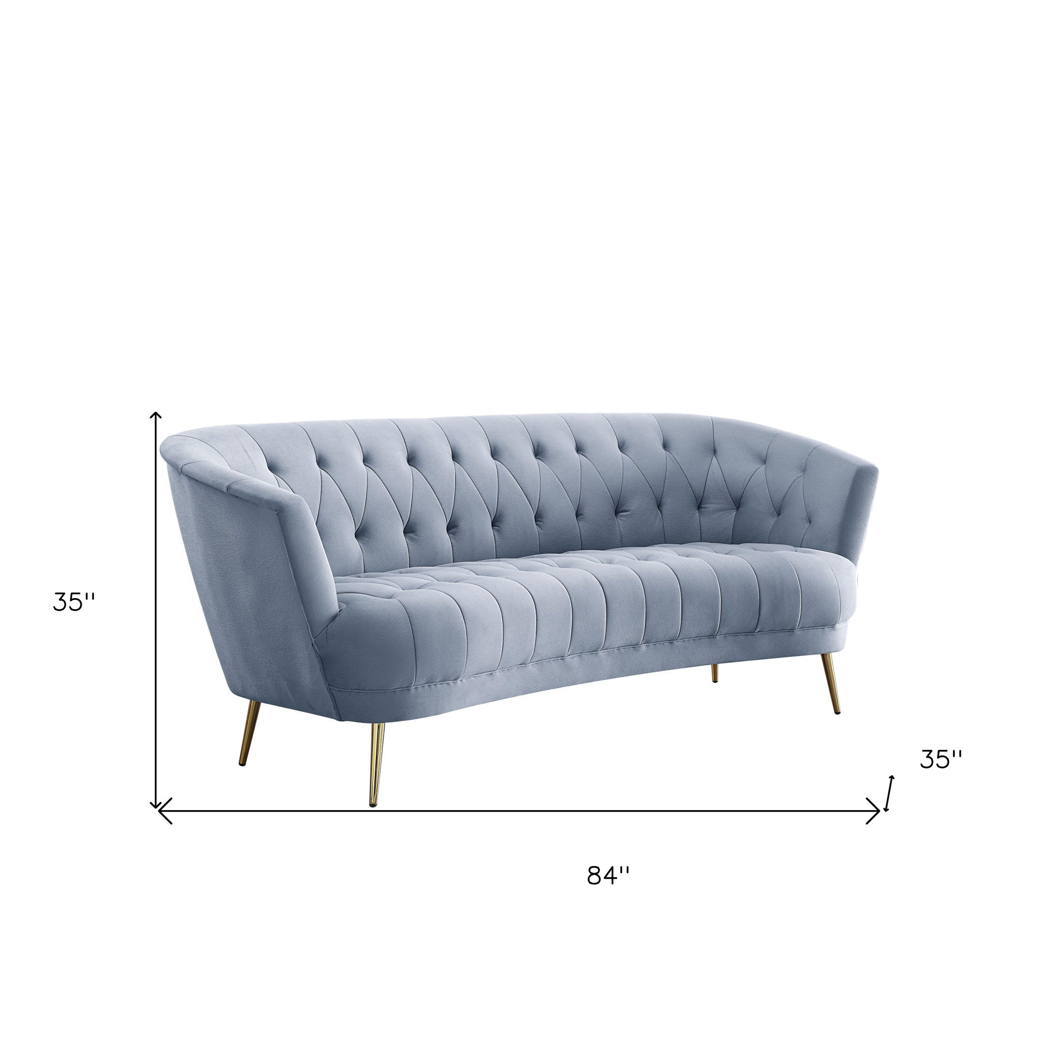 84" Curved Light Gray Velvet and Gold Sofa