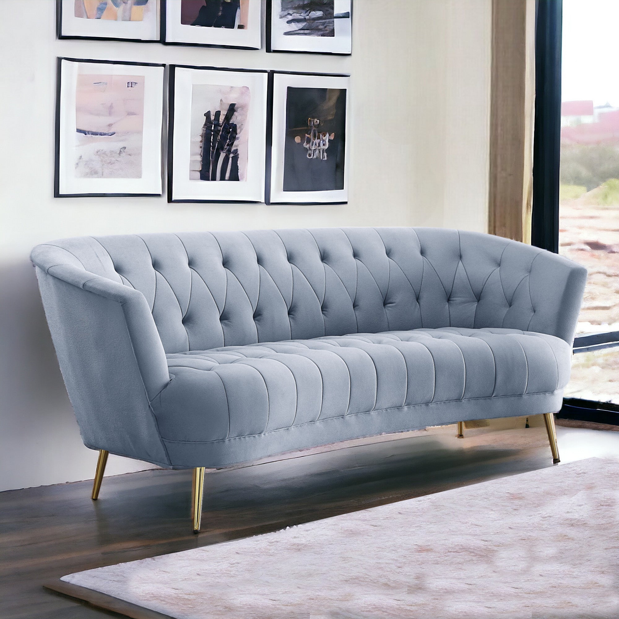 84" Curved Light Gray Velvet and Gold Sofa