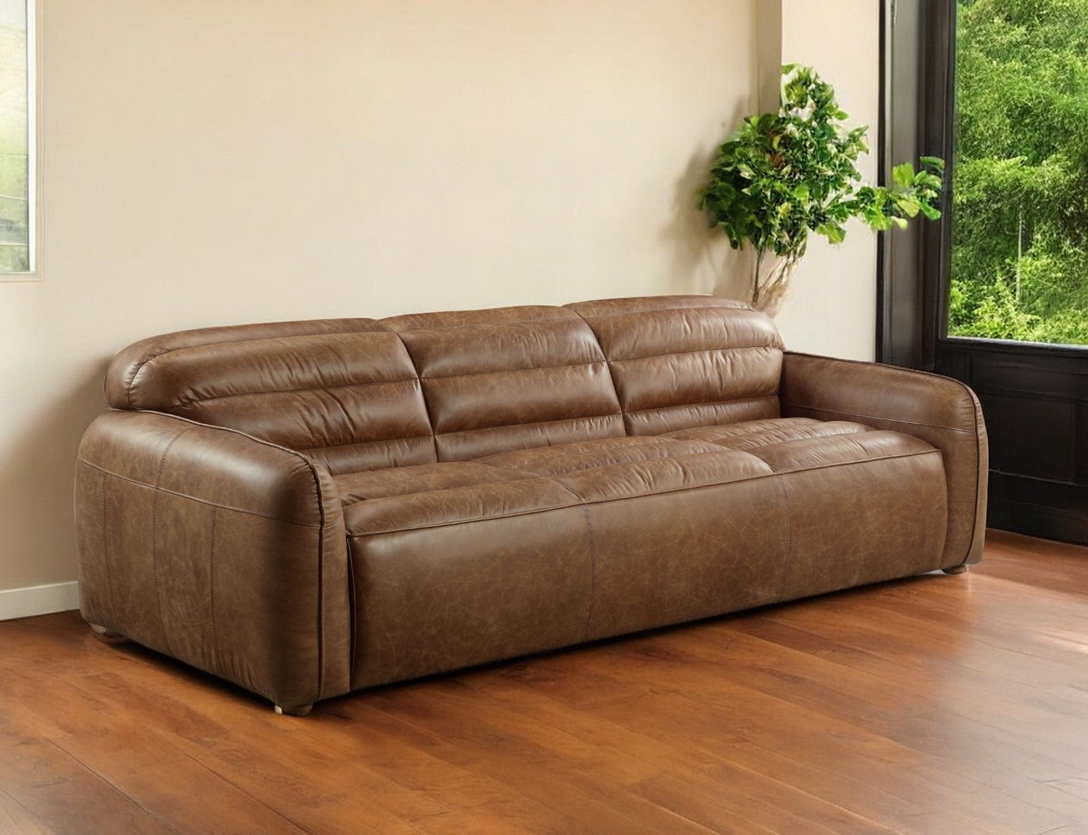 95" Brown Top-Grain Leather Seam Arm sofa