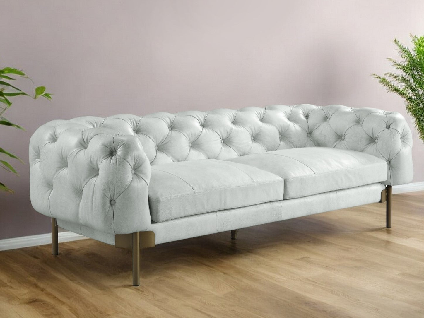 96" Light Gray Top-Grain Leather Modern Chesterfield Sofa