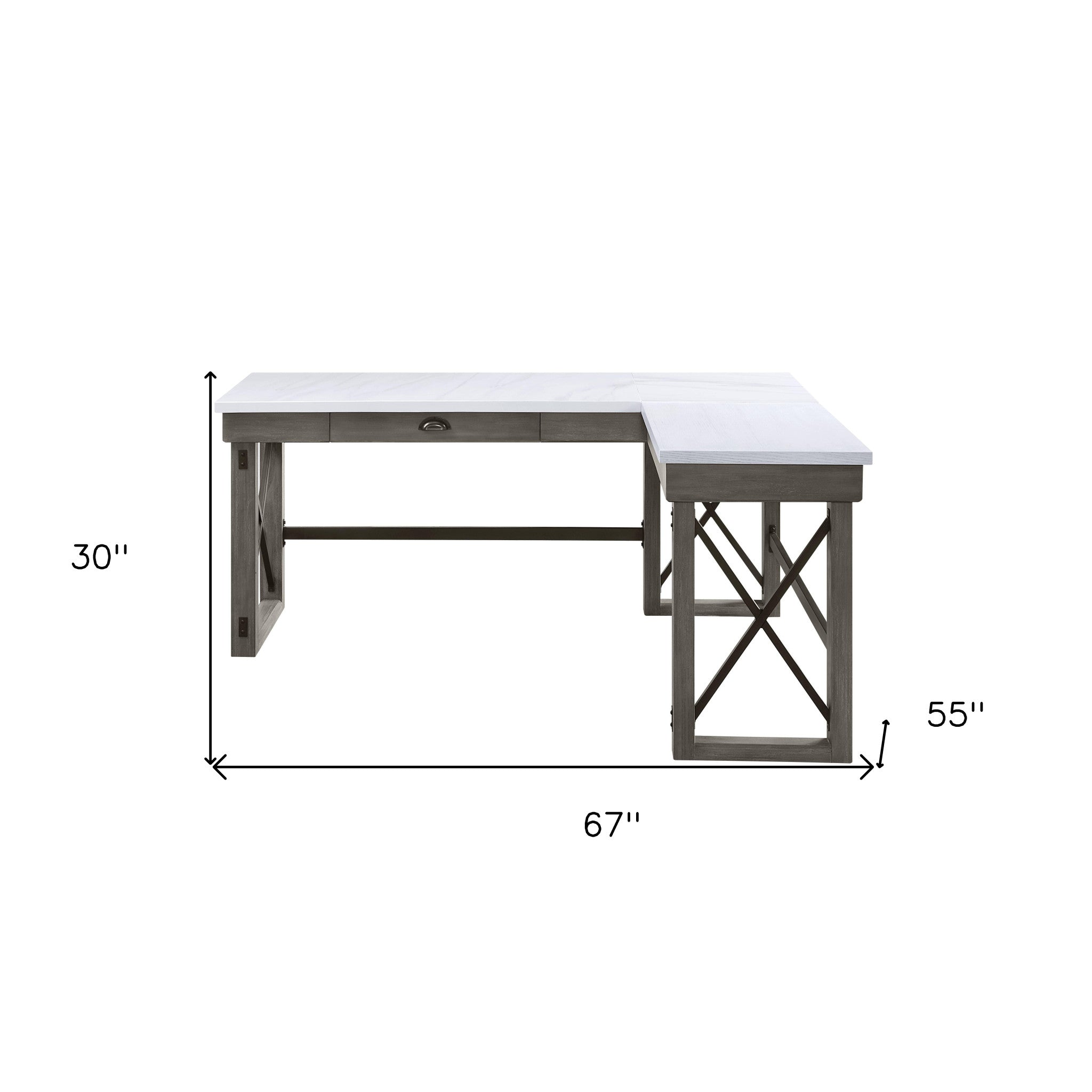 67" Gray and White Marble Top Corner Desk