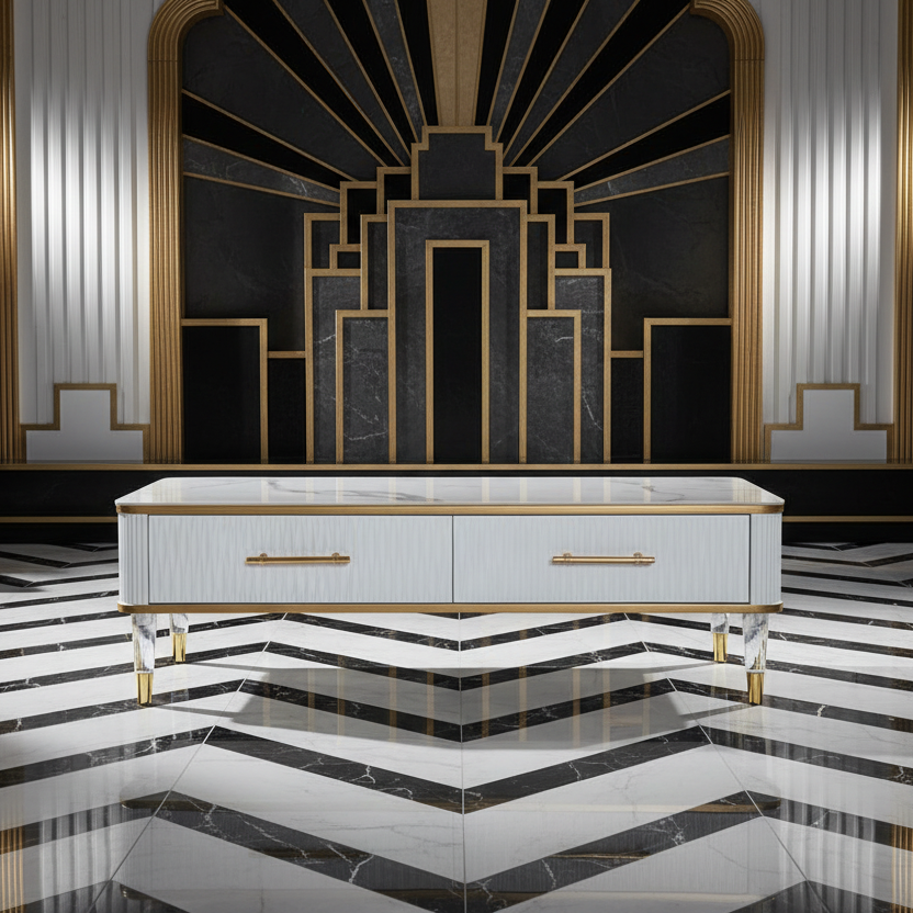 47" White and Gold Stone Ceramic Coffee Table