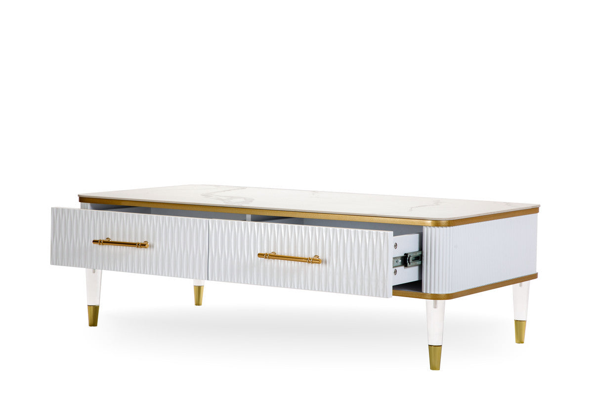 47" White and Gold Stone Ceramic Coffee Table