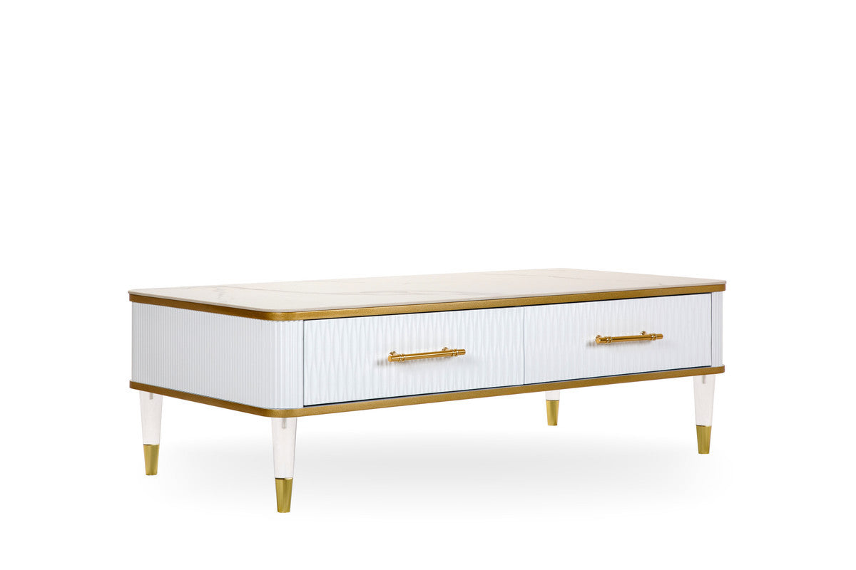 47" White and Gold Stone Ceramic Coffee Table