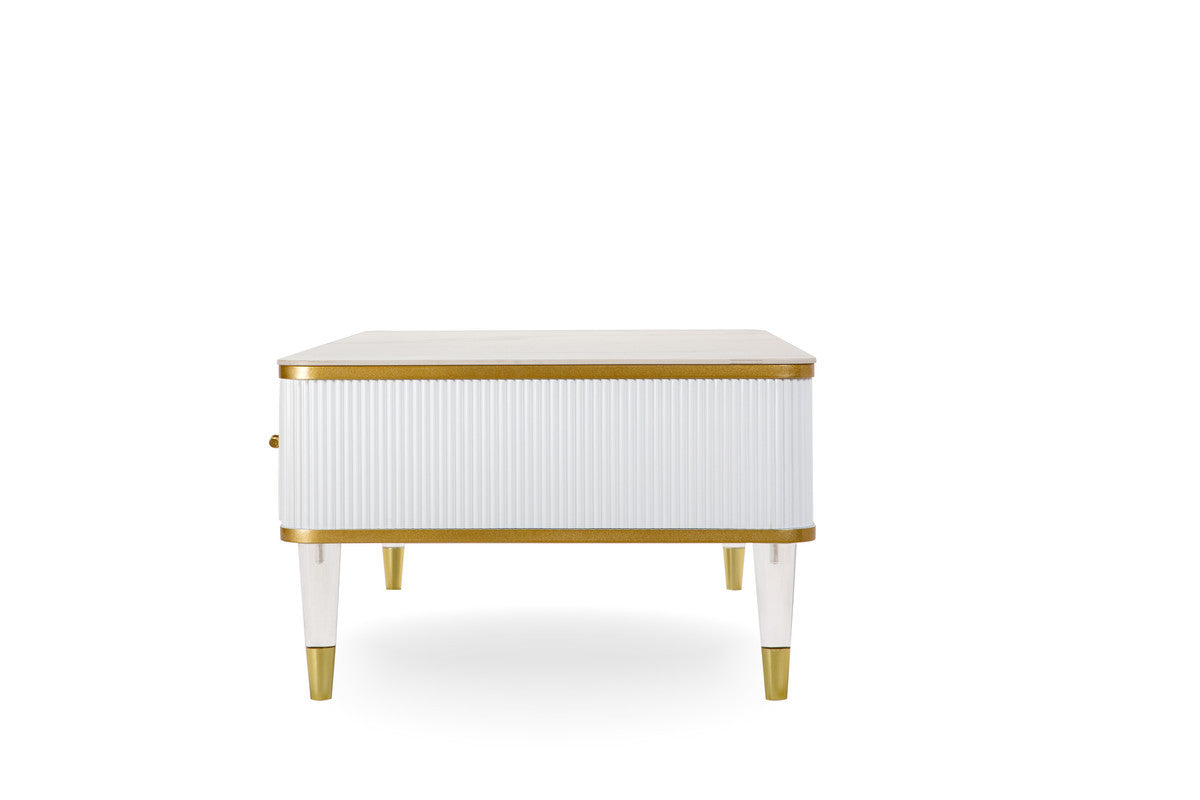 47" White and Gold Stone Ceramic Coffee Table