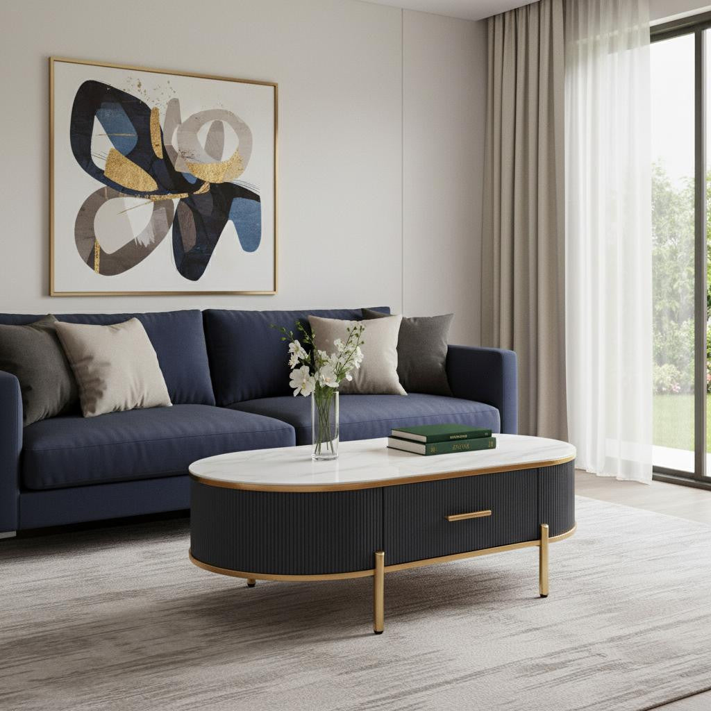 47" Charcoal Gray, Gold and White Metal and Stone Table
