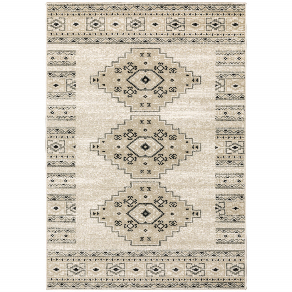 Ivory, Gray, and Black Traditional Southwestern Area Rug