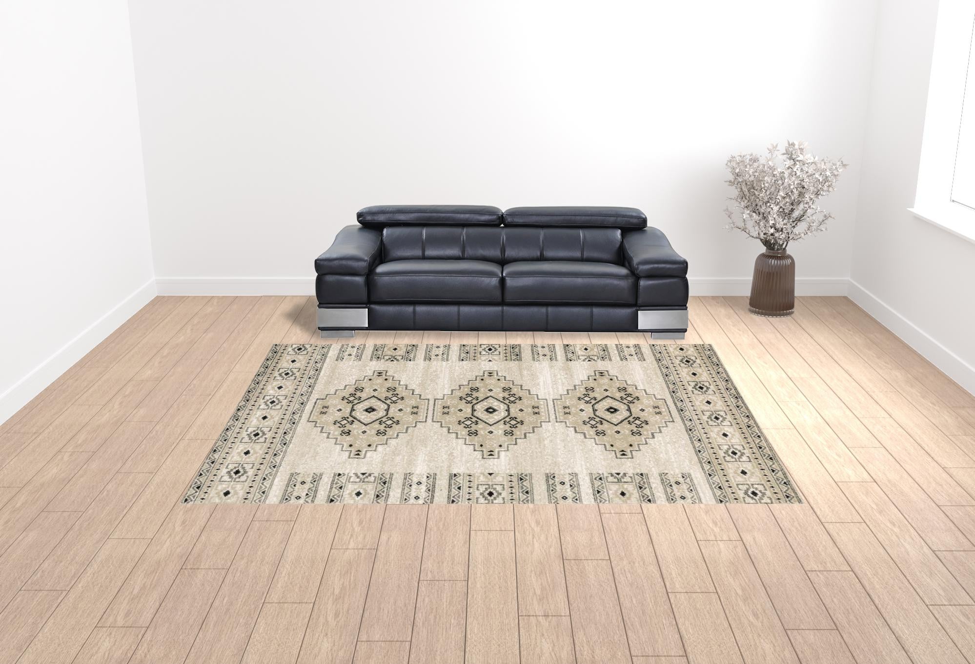 Ivory, Gray, and Black Traditional Southwestern Area Rug