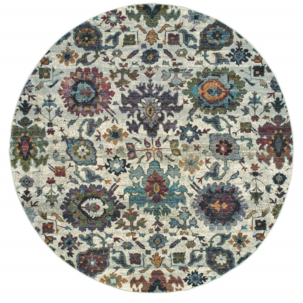 8' Cream, Purple, and Green Round Floral Rug