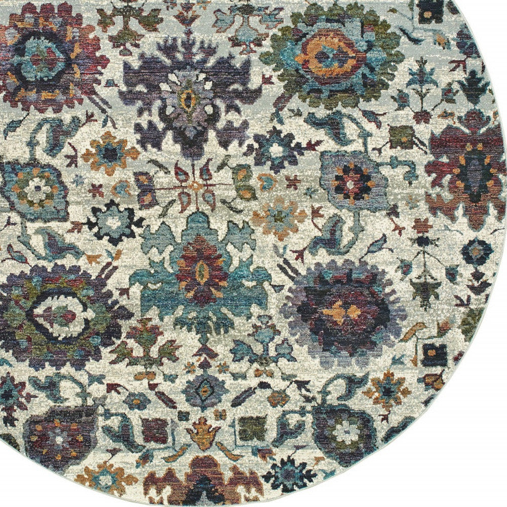 8' Cream, Purple, and Green Round Floral Rug