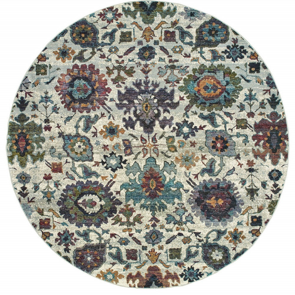 8' Cream, Purple, and Green Round Floral Rug