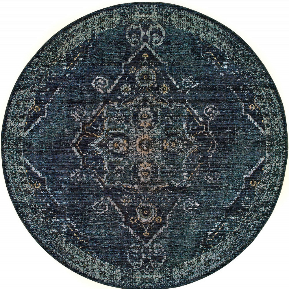 8' Blue And Brown Round Medallion Rug