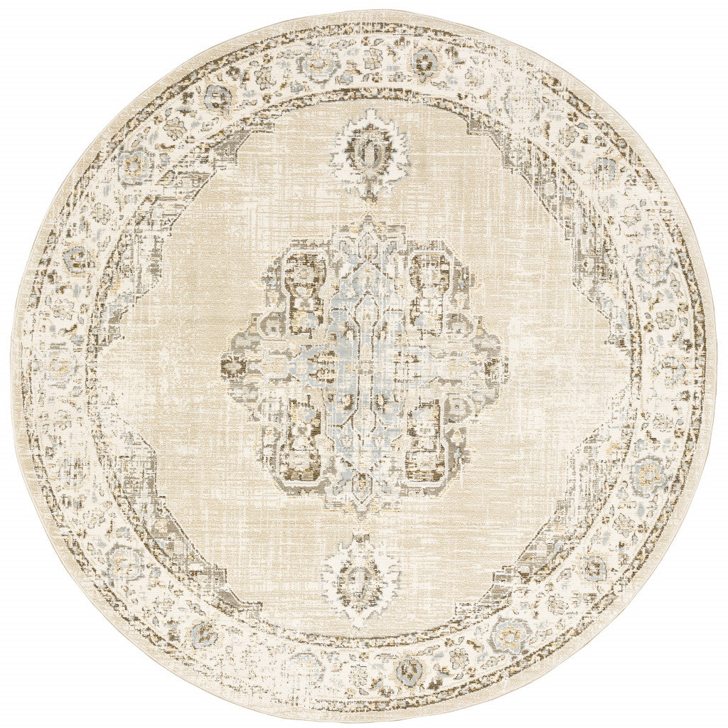 8' Ivory and Beige Round Medallion Rug