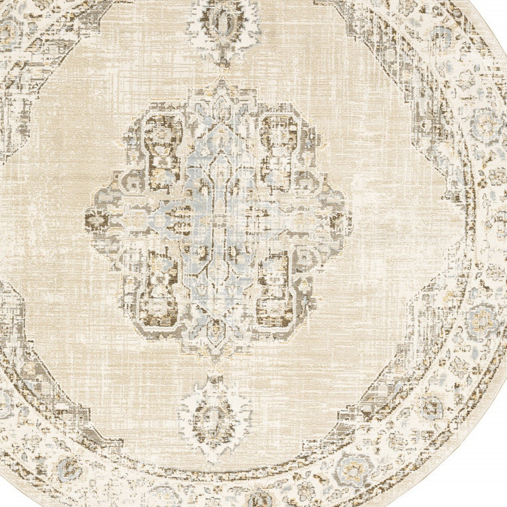 8' Ivory and Beige Round Medallion Rug