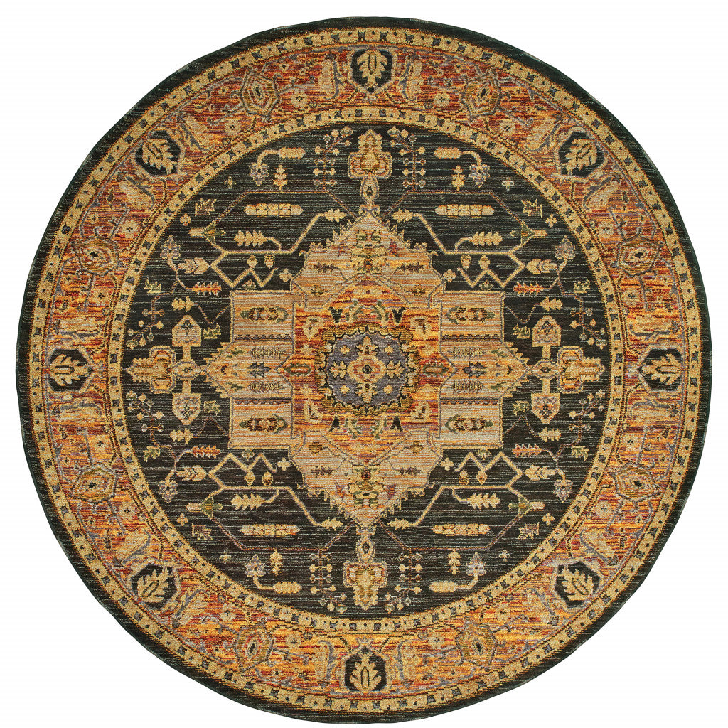 8' Gold and Brown Round Medallion Rug