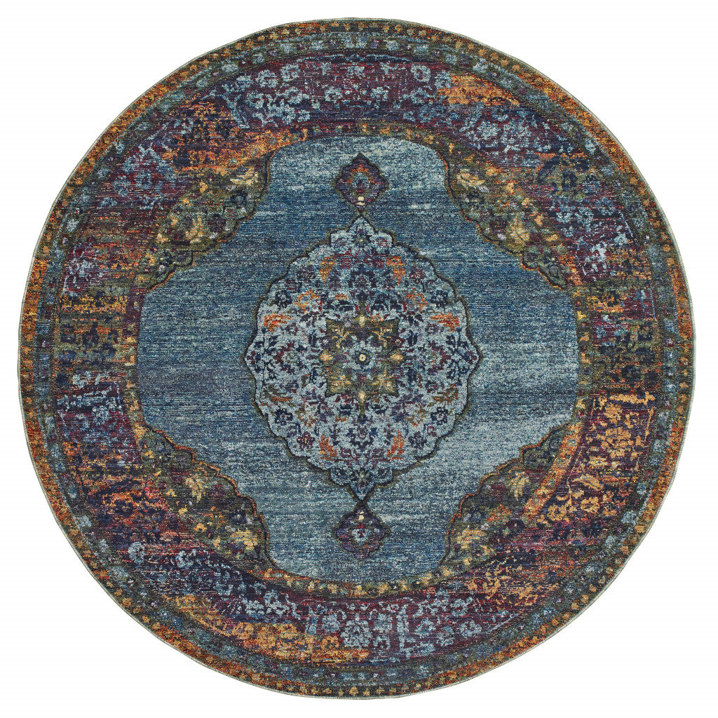 8' Blue, Gold and Green Round Medallion Rug