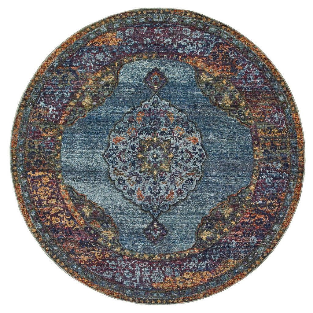 8' Blue, Gold and Green Round Medallion Rug