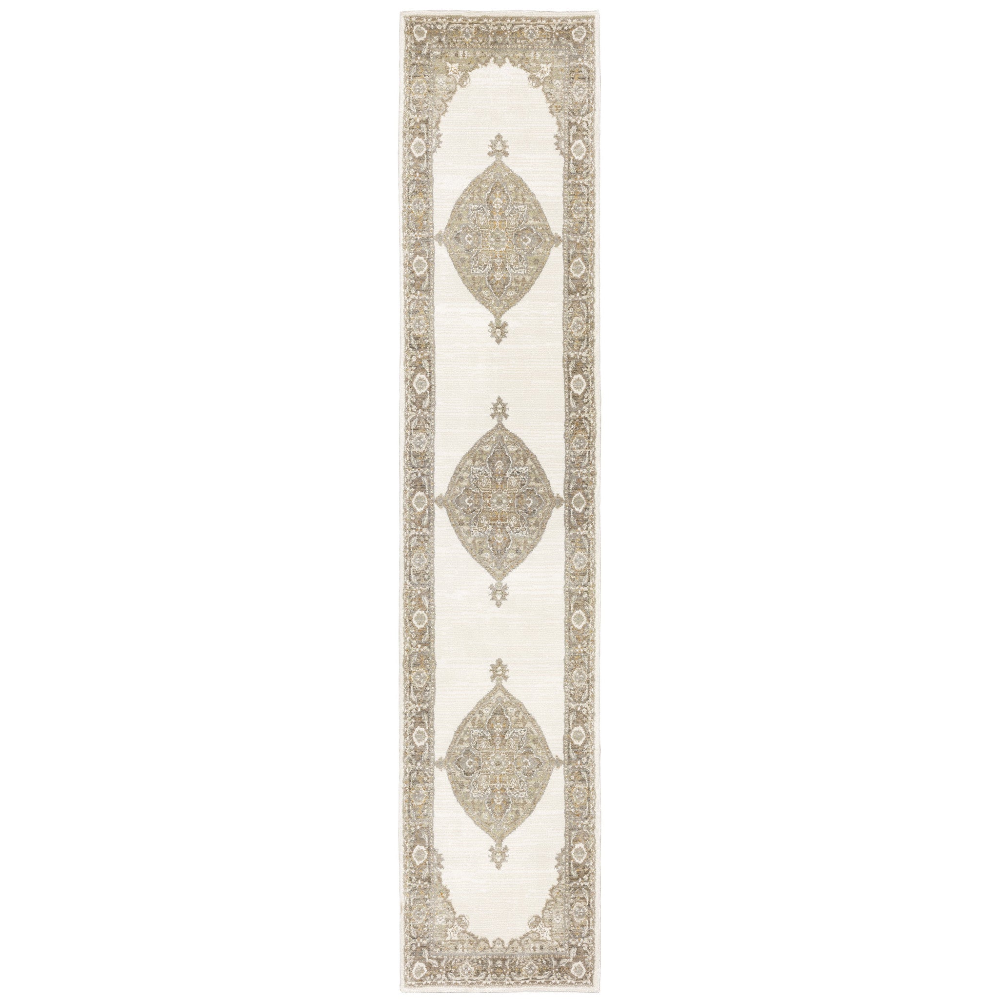 2' x 12' White and Beige 3 Medallion Runner Rug