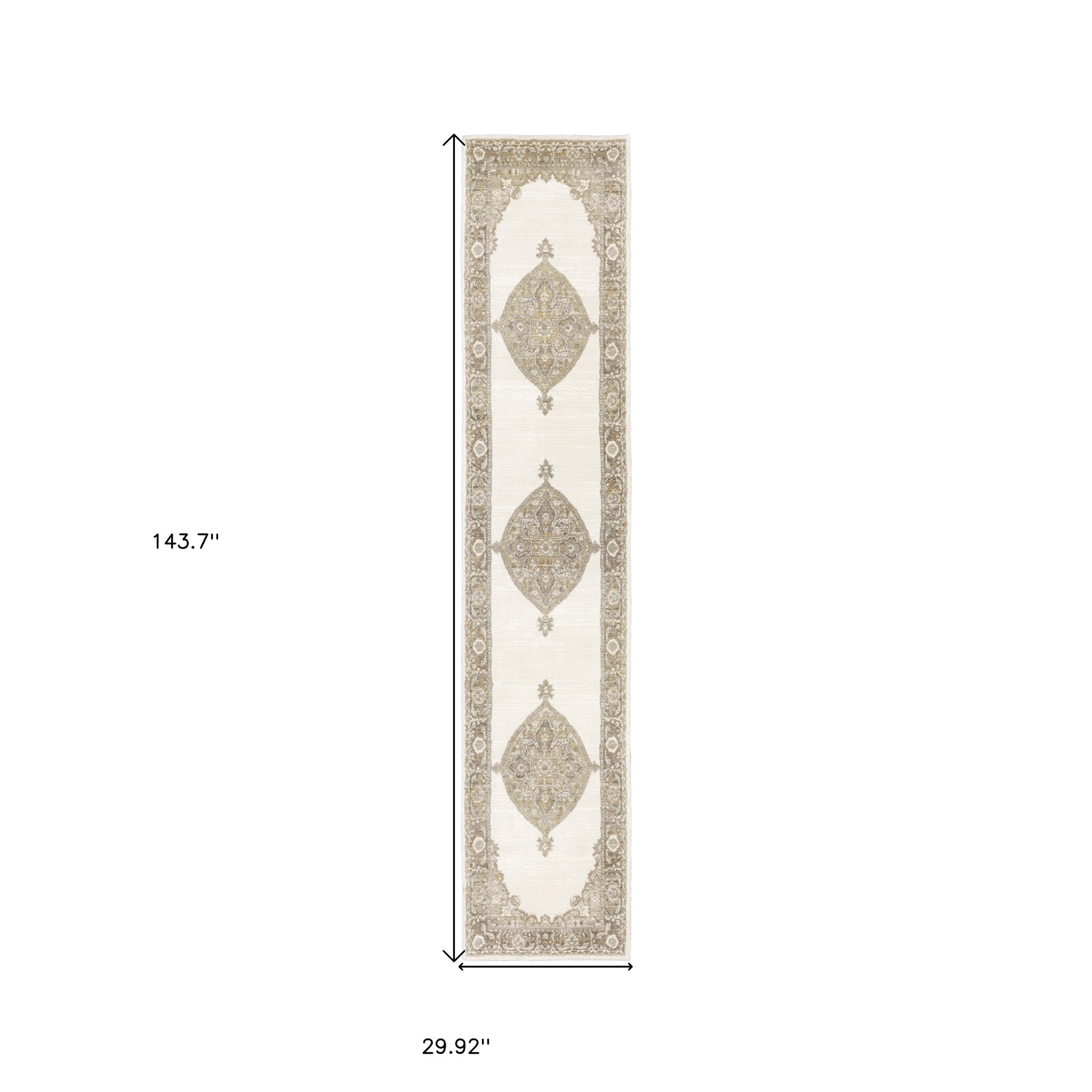 2' x 12' White and Beige 3 Medallion Runner Rug