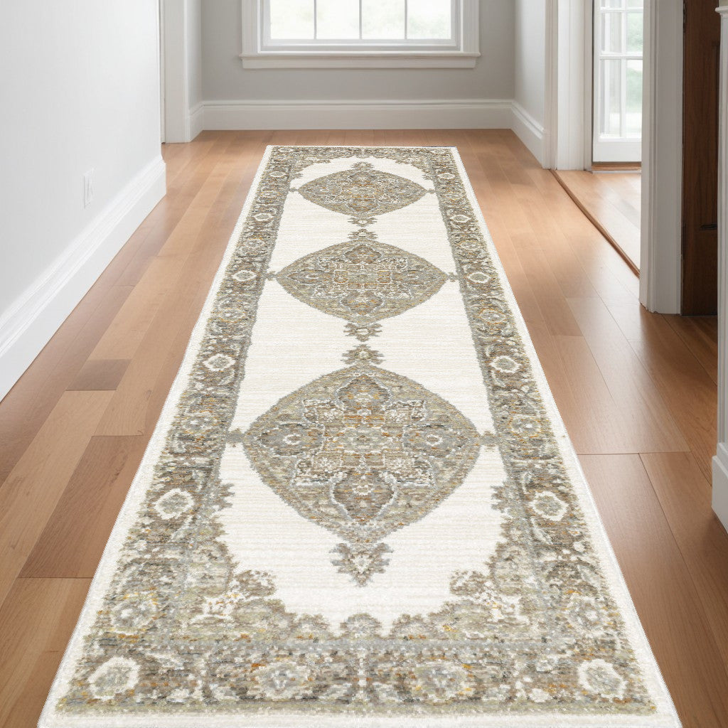 2' x 12' White and Beige 3 Medallion Runner Rug