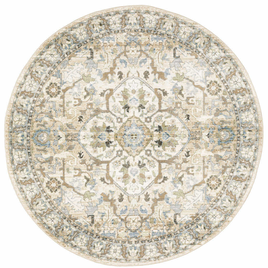 8' Ivory and Beige Round Traditional Rug