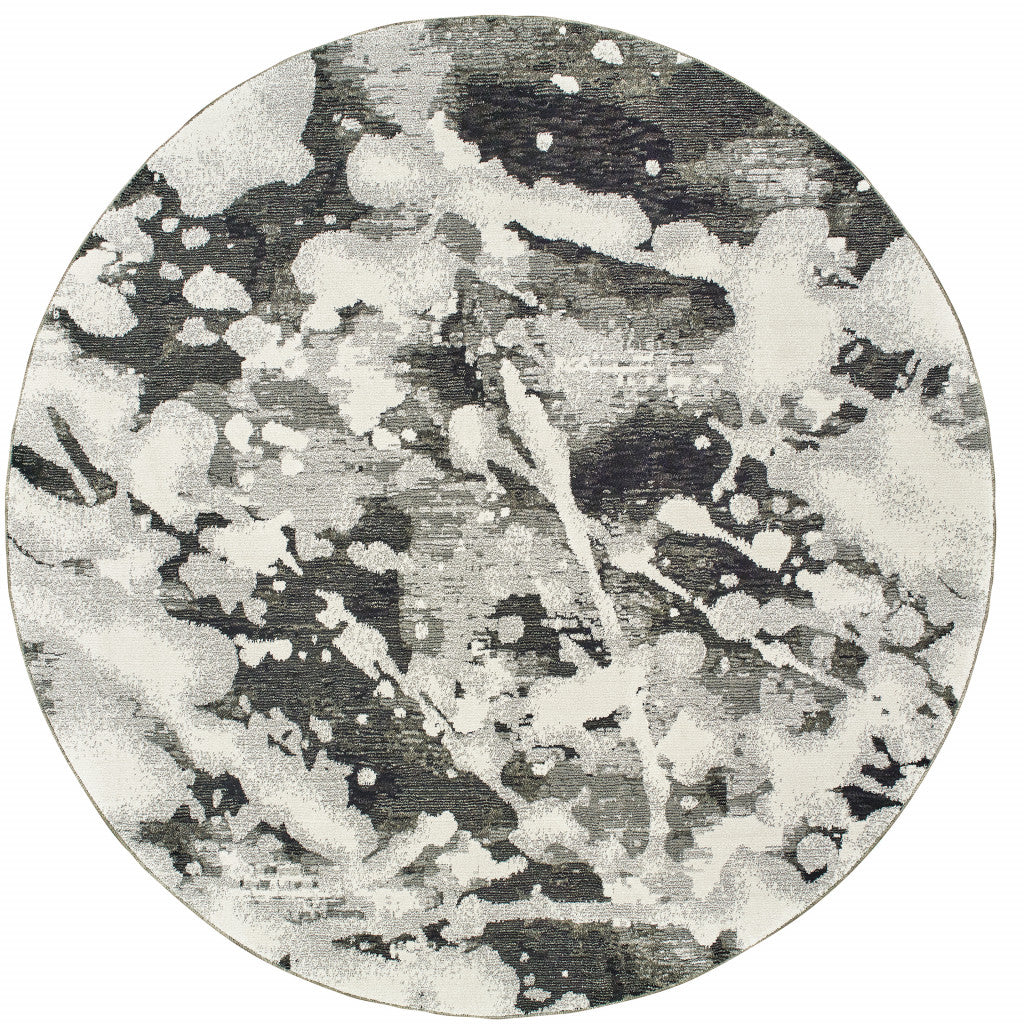 8' Charcoal and White Round Abstract Splatter Area Rug