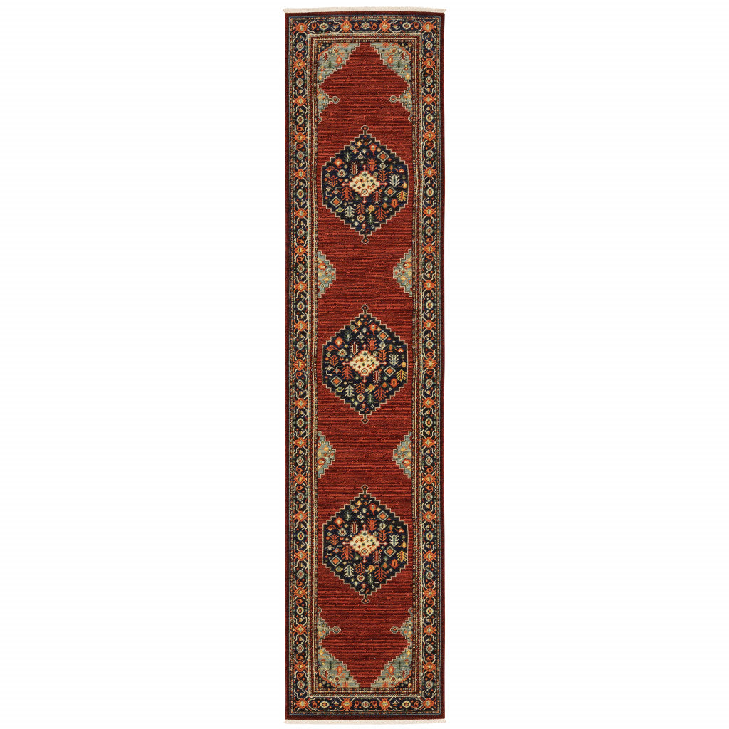 2' X 10' Red, Black and Beige Medallion Fringe Rug