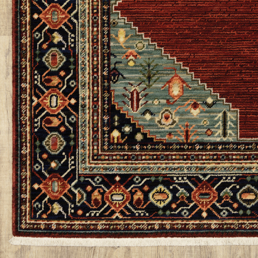 2' X 10' Red, Black and Beige Medallion Fringe Rug