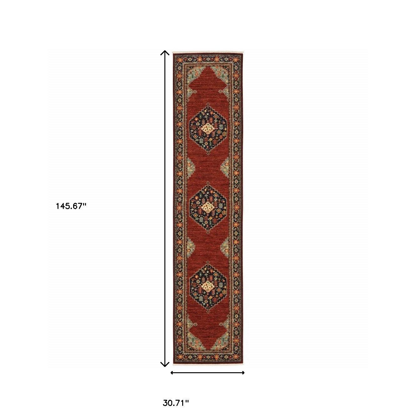 2' X 10' Red, Black and Beige Medallion Fringe Rug