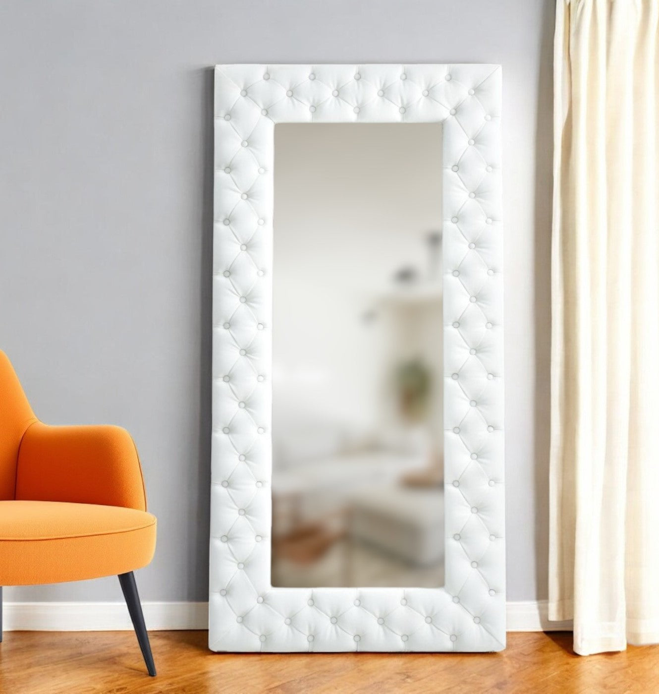 80" White Tufted Faux Leather Standing Mirror