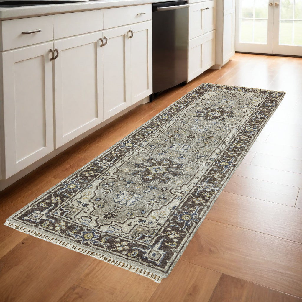 2' x 8' Beige, Blue and Gray Medallion Runner Rug