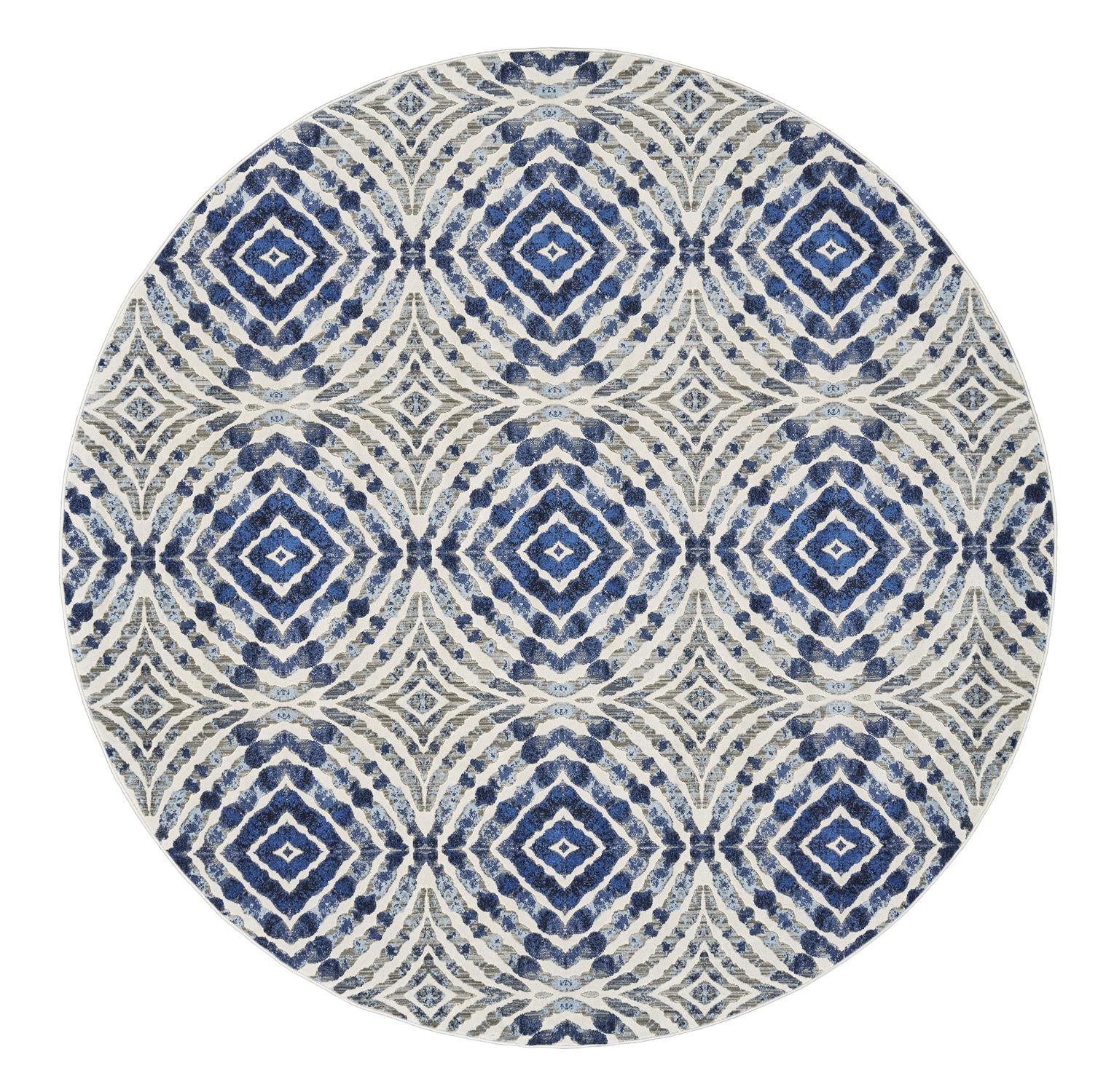 8' Ivory, Blue, and Gray Round Diamonds Rug