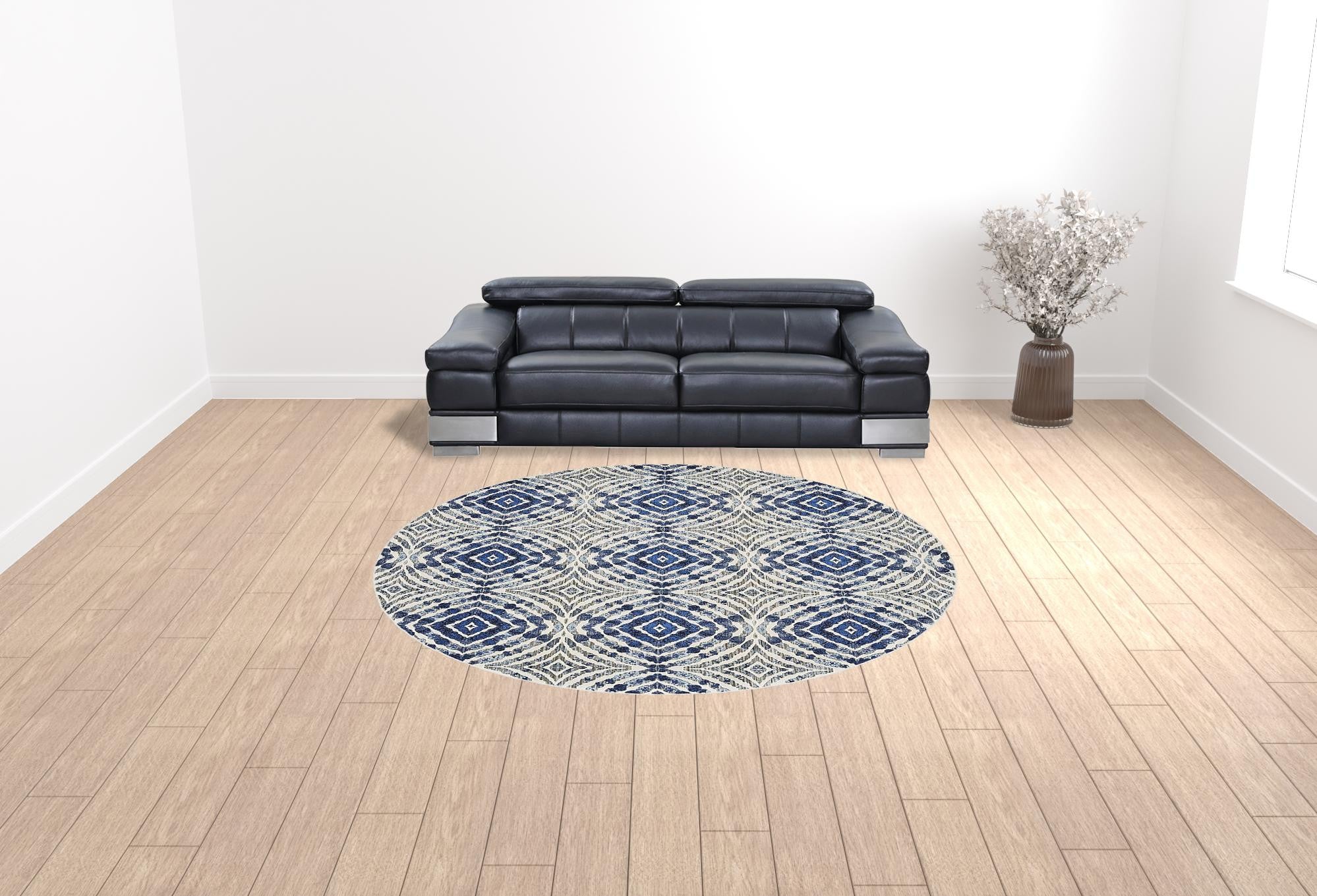 8' Ivory, Blue, and Gray Round Diamonds Rug