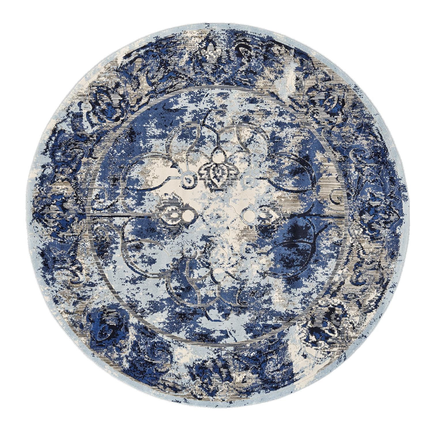 '9' Blue and Ivory Round Distressed Traditional Rug