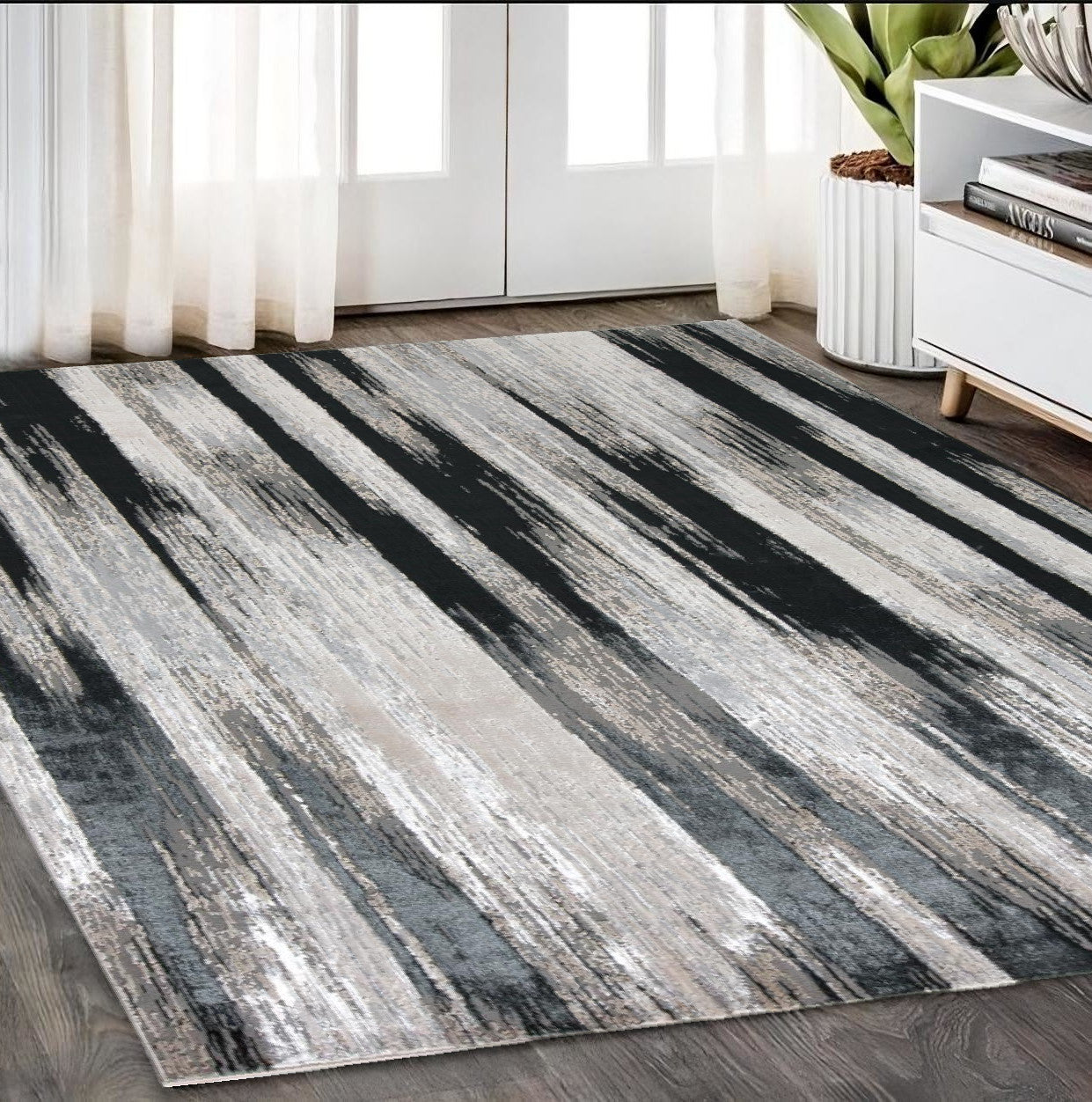 Gray and Black Striped Gradient Rug