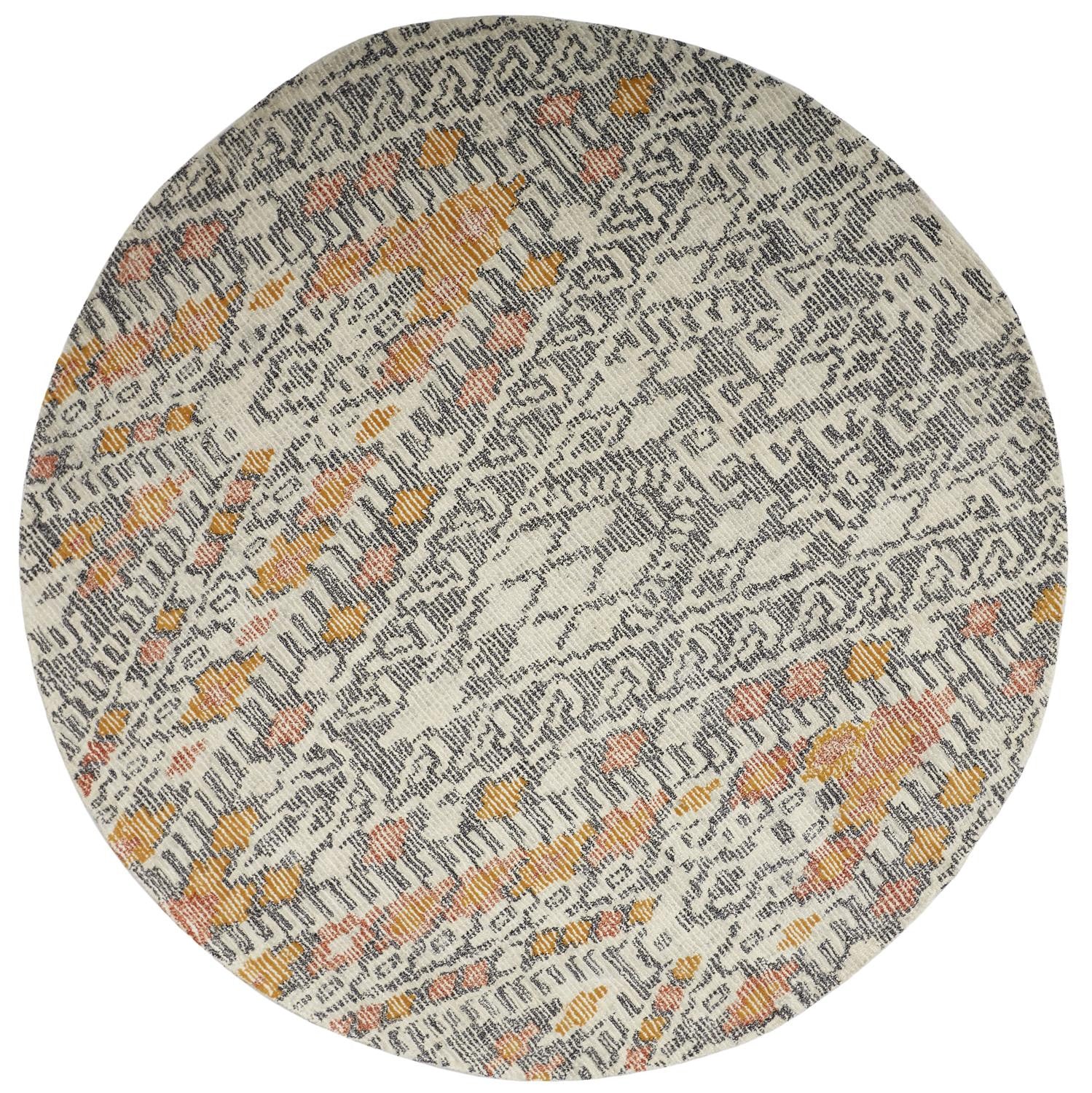 8' Gray, Ivory, And Orange Round Geometric Tufted Rug