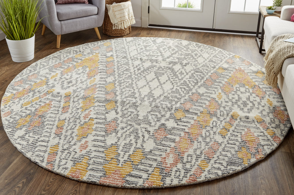 8' Gray, Ivory, And Orange Round Geometric Tufted Rug